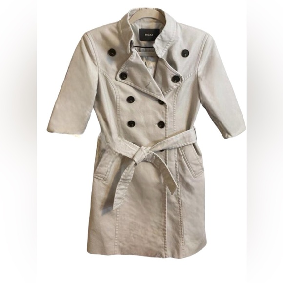 MEXX Stylish Light Khaki Short Pleated Trench Coat Belt Pockets 3/4 Slee… - Picture 1 of 13